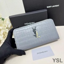 Saint Laurent Large Cassandra Deconstruct Zip Around Wallet In Crocodile Embossed Leather Sky Blue