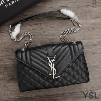 Saint Laurent Medium College Chain Bag In Textured Mixed Matelasse Leather Black/Silver