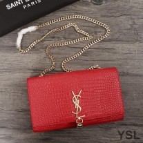 Saint Laurent Medium Kate Chain Bag with Tassel In Crocodile Embossed Shiny Leather Red/Gold