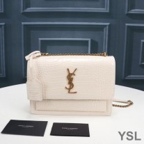 Saint Laurent Medium Sunset Chain Bag In Crocodile Embossed Leather White/Gold