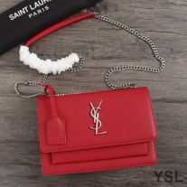 Saint Laurent Medium Sunset Chain Bag In Textured Leather Red/Silver