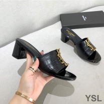 Saint Laurent Monogram Heeled Slides In Alligator Embossed Leather Black