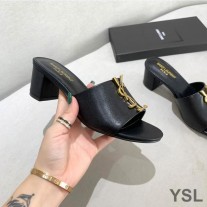 Saint Laurent Monogram Heeled Slides In Calf Leather Black