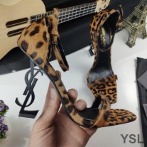 Saint Laurent Opyum Sandals In Leopard Suede with Black Heel Brown