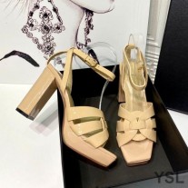 Saint Laurent Tribute Platform Sandals In Patent Leather Beige