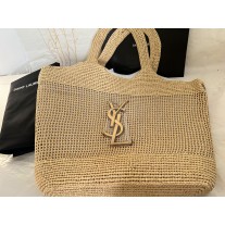 Saint Laurent Icare In Raffiam Maxi Shopping Bag Naturel And Brown Gold