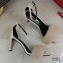 Saint Laurent Amber Sandals In Smooth Leather and Mink Fur Beige