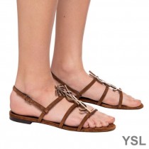 Saint Laurent Cassandra Open Sandals In Suede with Palm Tree Logo Brown