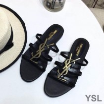 Saint Laurent Cassandra Slides In Patent Leather Black/Gold