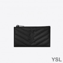 Saint Laurent Fragments Zipped Card Case In Grained Matelasse Leather Black