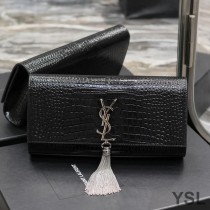 Saint Laurent Kate Clutch with Tassel In Crocodile Embossed Leather Black/Silver