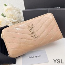 Saint Laurent Large Cassandra Zip Around Wallet In Crinkled Matelasse Leather Apricot