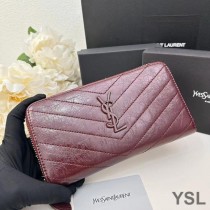 Saint Laurent Large Cassandra Zip Around Wallet In Crinkled Matelasse Leather Burgundy