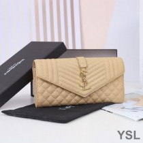 Saint Laurent Large Envelope Flap Wallet In Mixed Grained Matelasse Leather Apricot/Gold