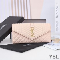 Saint Laurent Large Envelope Flap Wallet In Mixed Grained Matelasse Leather Pink/Gold