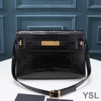 Saint Laurent Manhattan Shoulder Bag In Crocodile-Embossed Shiny Leather Black/Gold