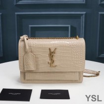 Saint Laurent Medium Sunset Chain Bag In Crocodile Embossed Leather Apricot/Gold