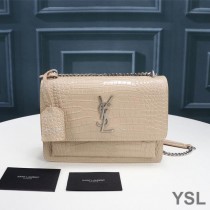 Saint Laurent Medium Sunset Chain Bag In Crocodile Embossed Leather Apricot/Silver