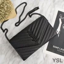 Saint Laurent Monogram Chain Wallet In Grained Matelasse Leather Black