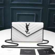 Saint Laurent Monogram Chain Wallet In Grained Matelasse Leather White/Black