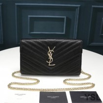 Saint Laurent Monogram Chain Wallet In Textured Matelasse Leather Black/Gold