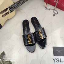 Saint Laurent Monogram Slides In Alligator-Embossed Patent Leather Black