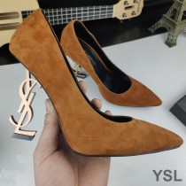 Saint Laurent Opyum Pumps In Suede with Gold Heel Brown