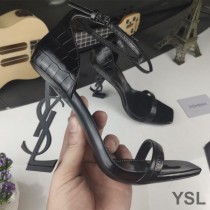 Saint Laurent Opyum Sandals In Alligator Leather with Black Heel Black