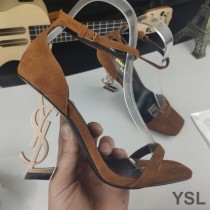 Saint Laurent Opyum Sandals In Suede with Gold Heel Brown