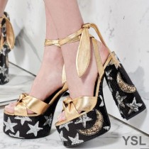 Saint Laurent Paige Platform Sandals In Leather with Sequin Embroidery Gold