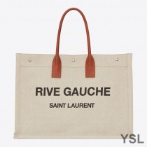 Saint Laurent Rive Gauche Tote In Linen And Leather Beige