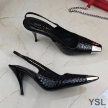 Saint Laurent Vesper Slingback Pumps In Stone Grain Leather Black