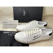 Saint Laurent Court Classic Sneakers In Embroidered Leather with Black Logo White/Black