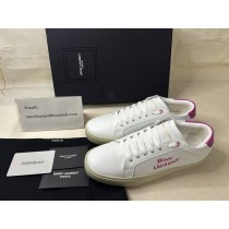 Saint Laurent Court Classic Sneakers In Embroidered Leather with Rose Logo White/Rose