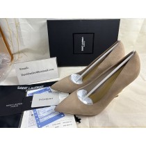 Saint Laurent Opyum Pumps In Suede with Gold Heel Apricot