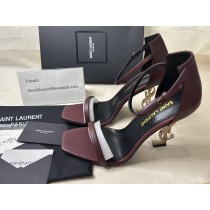 Saint Laurent Opyum Sandals In Smooth Leather with Gold Heel Burgundy