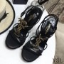 Saint Laurent Cassandra Wedge Espadrilles In Leather with Palm Logo Black